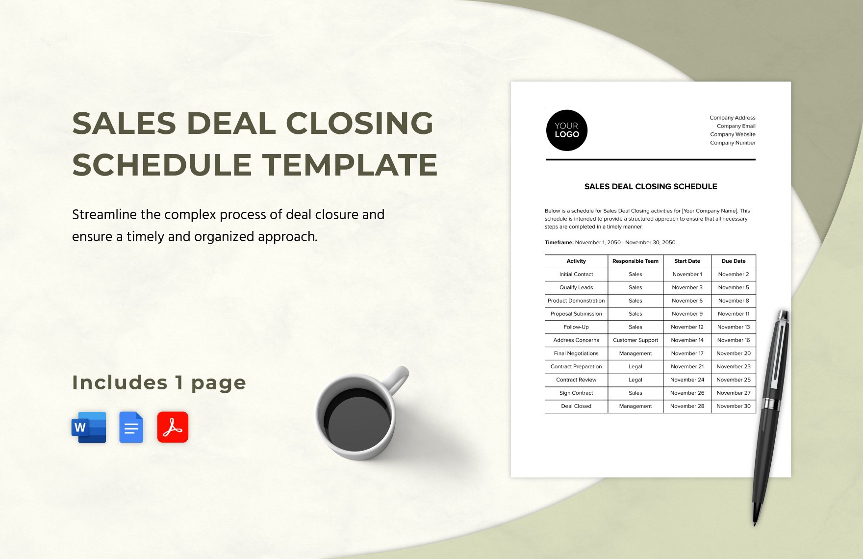 Sales Deal Closing Schedule Template in Word, Google Docs, PDF