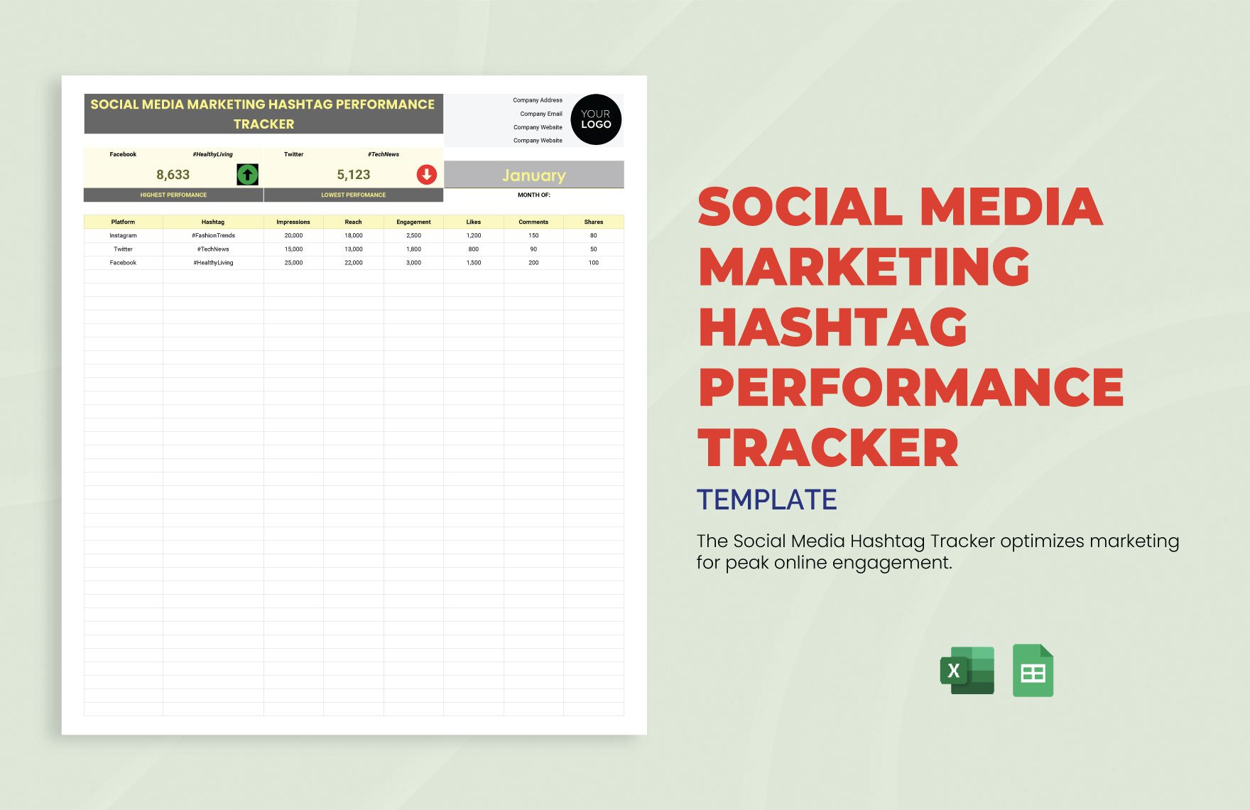 Social Media Marketing Hashtag Performance Tracker Template in Excel, Google Sheets