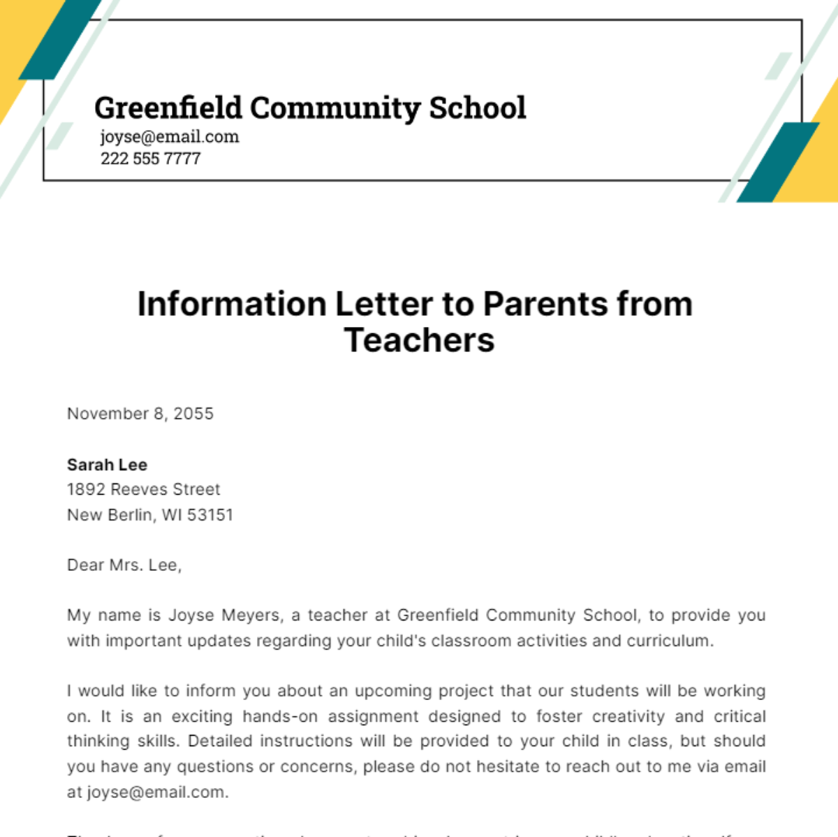 Information Letter to Parents from Teachers Template