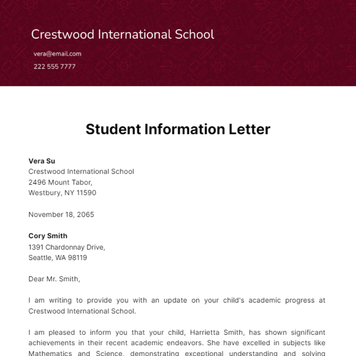 Student information Letter Template