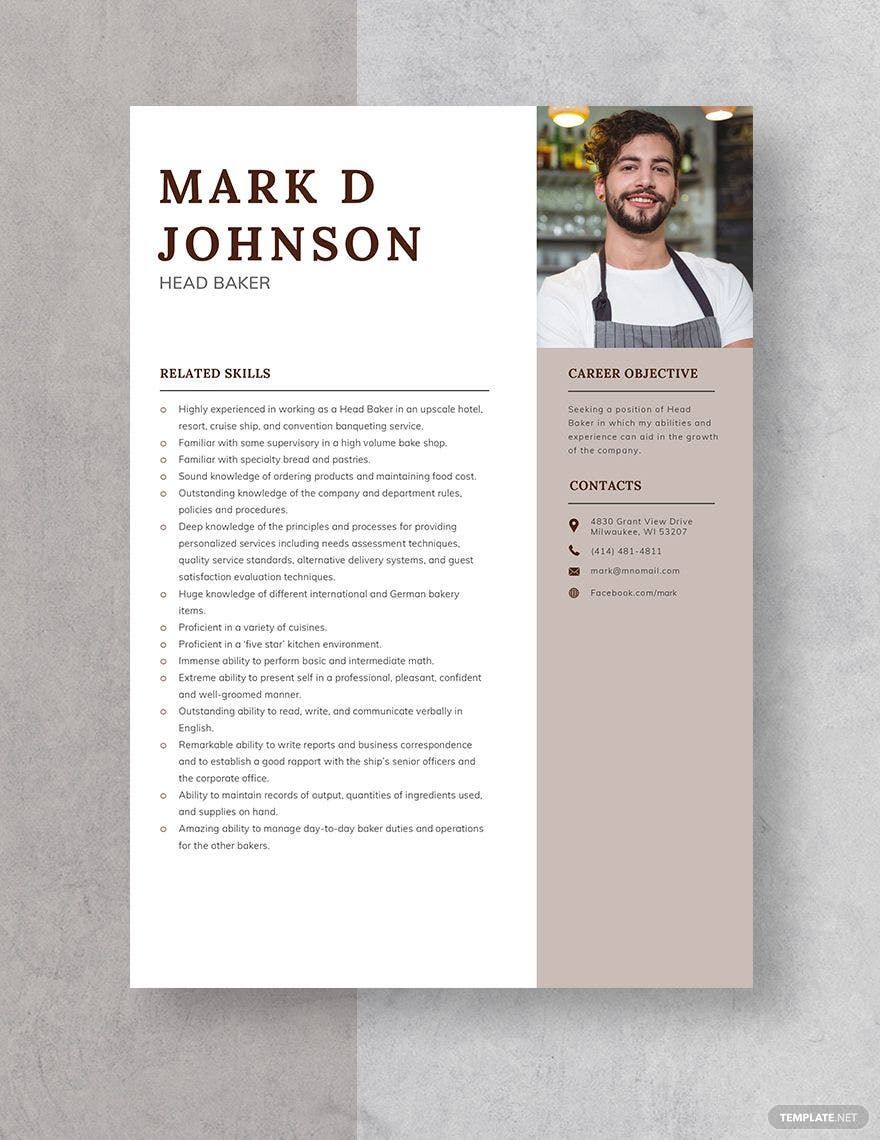 Free Head Baker Resume in Word, Apple Pages