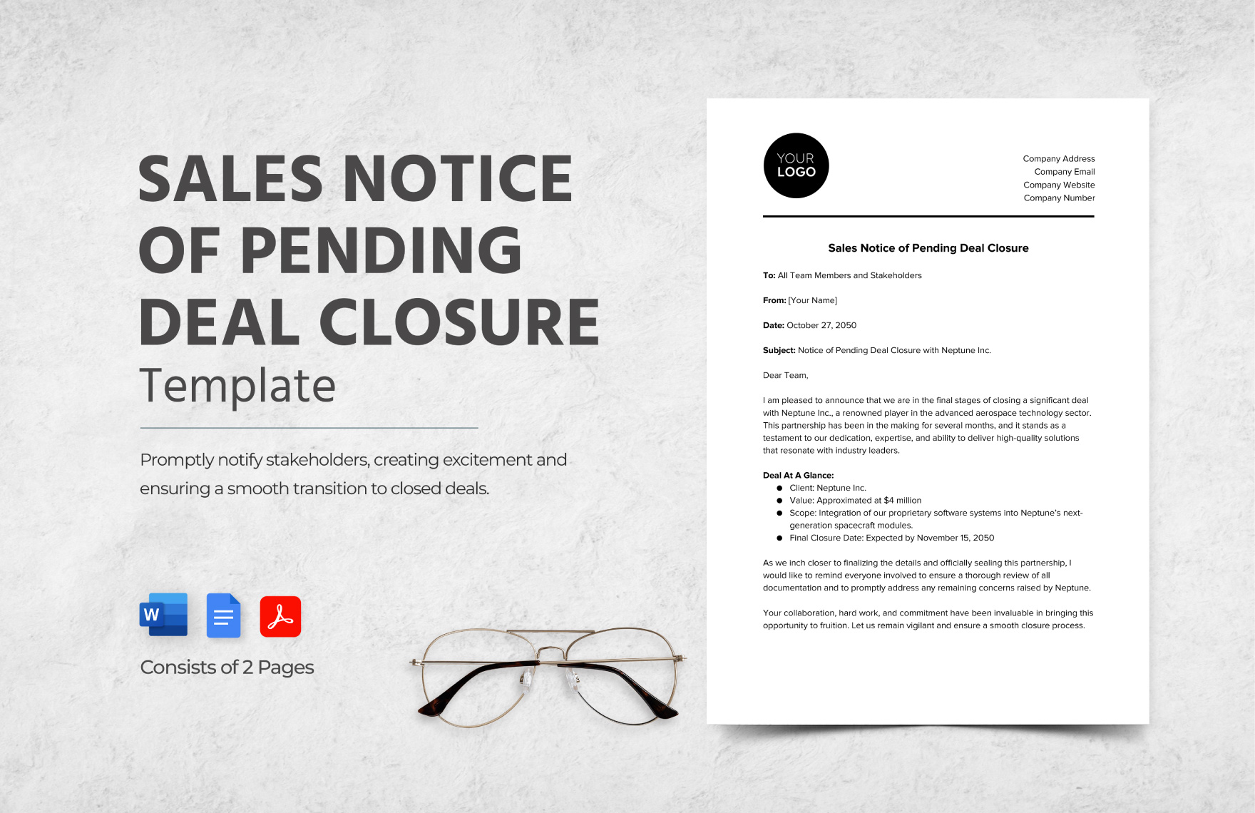 Sales Notice of Pending Deal Closure Template in Word, Google Docs, PDF