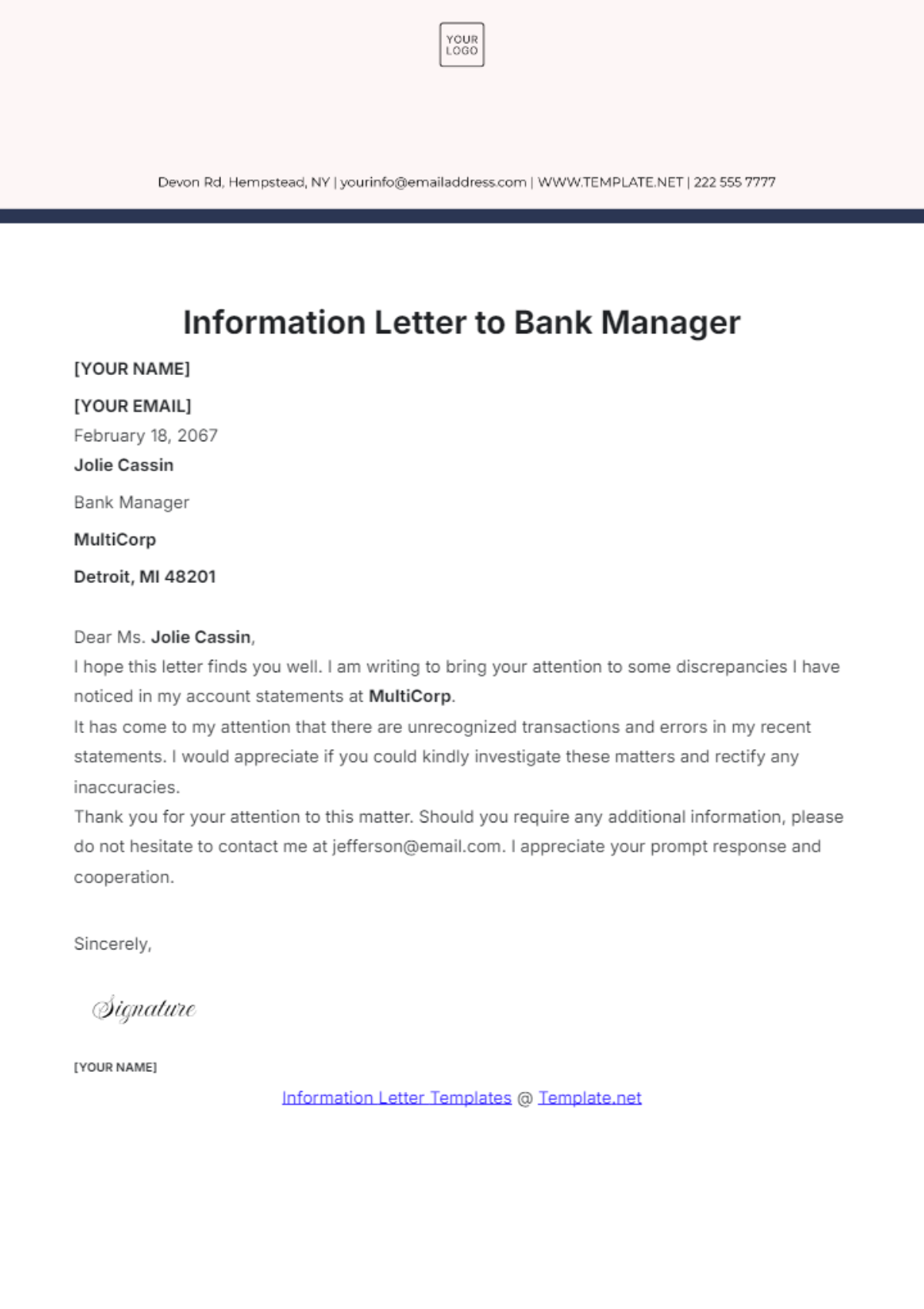 Information Letter to Bank Manager Template - Edit Online & Download