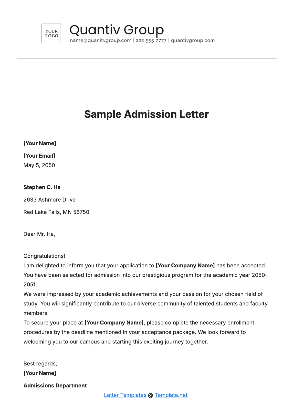 Sample Admission Letter Template