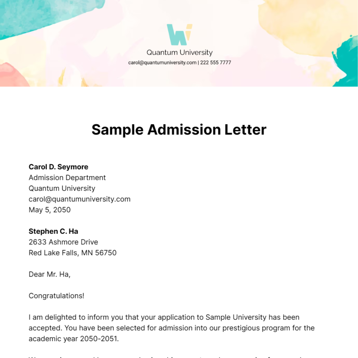 Free Sample Admission Letter Template