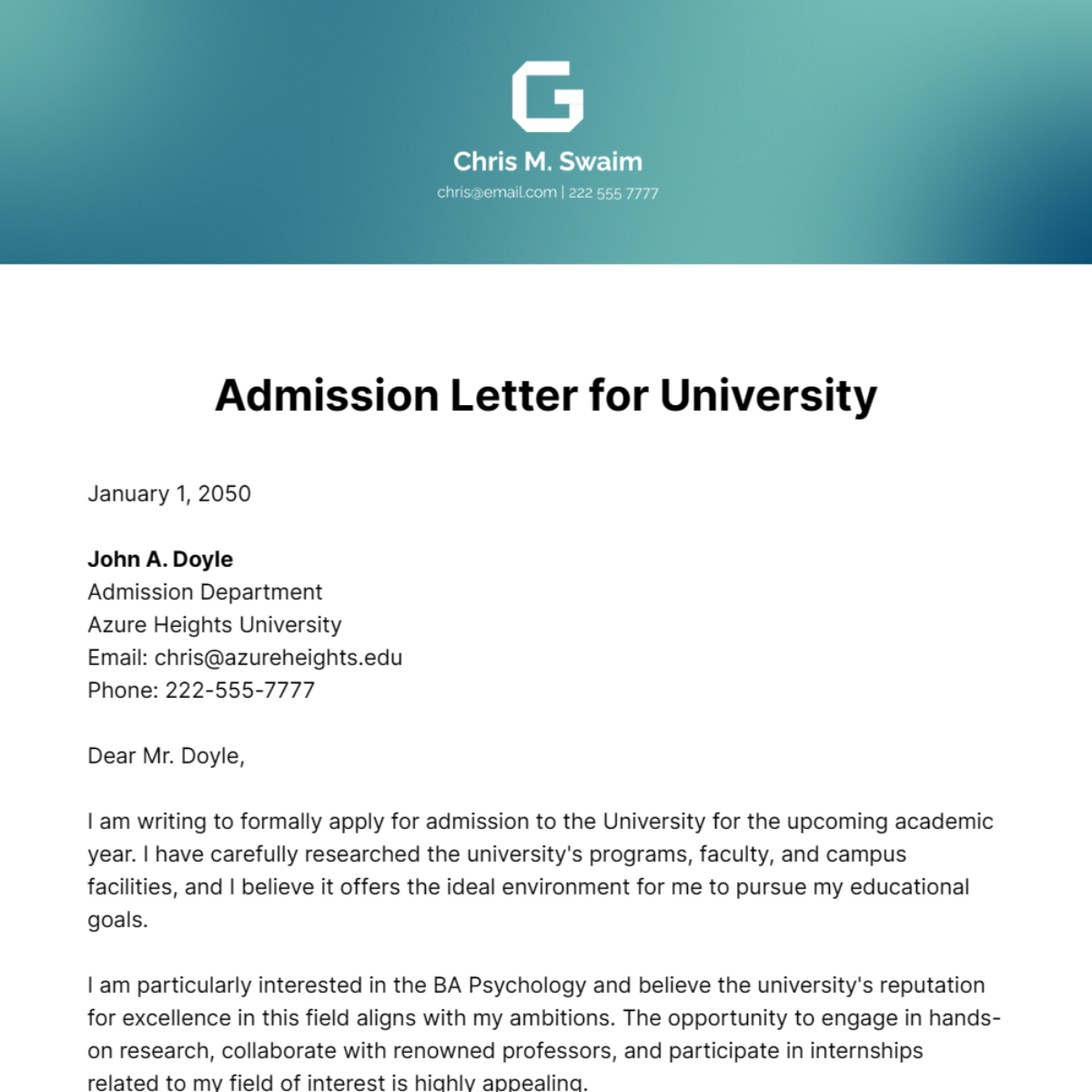 Free Admission Letter for University Template