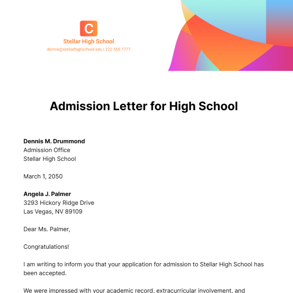 Free Admission Letter for High School  Template