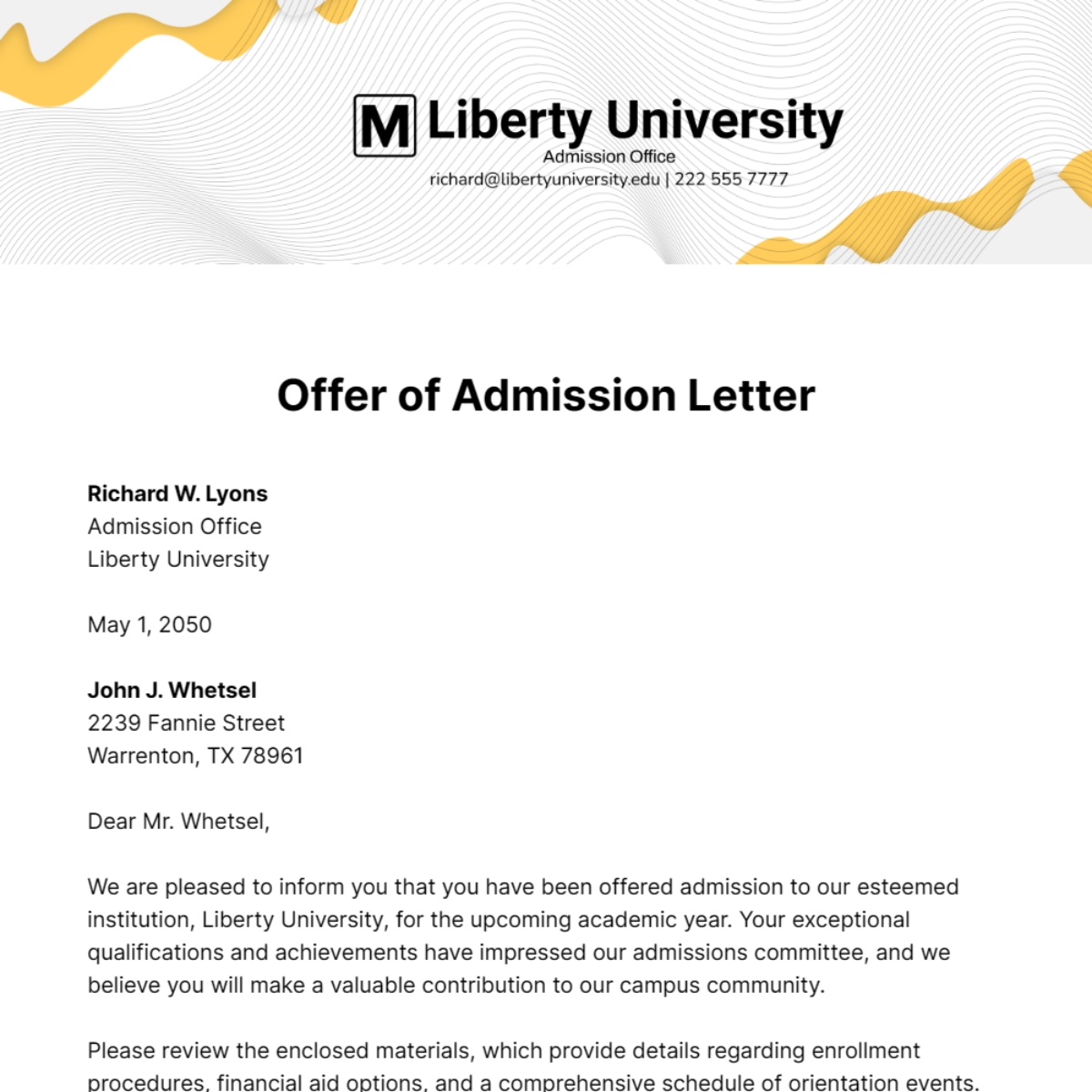 Free Offer of Admission Letter Template