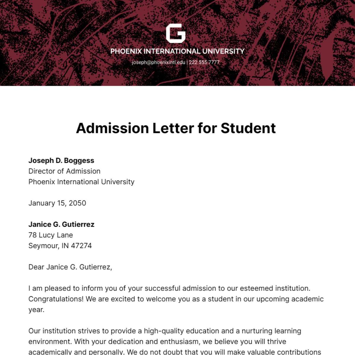 Admission Letter for Student Template