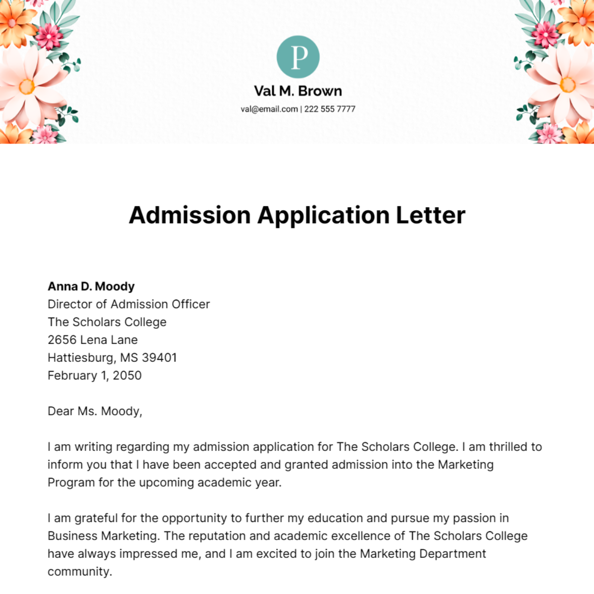 Free Admission Application Letter Template