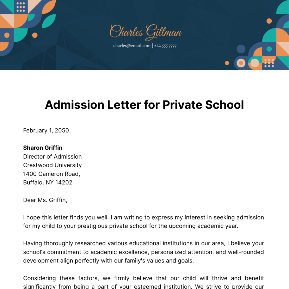 Free Admission Letter for Private School Template