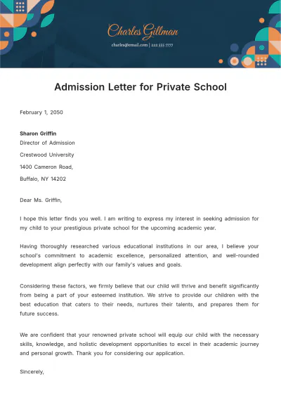 Free Admission Letter for Private School Template to Edit Online