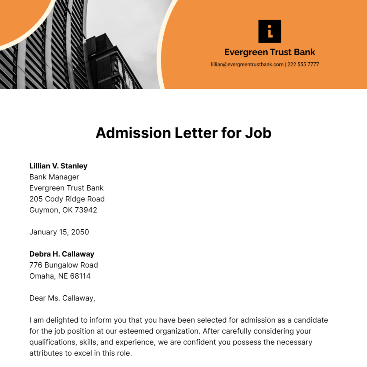 Free Admission Letter for Job Template