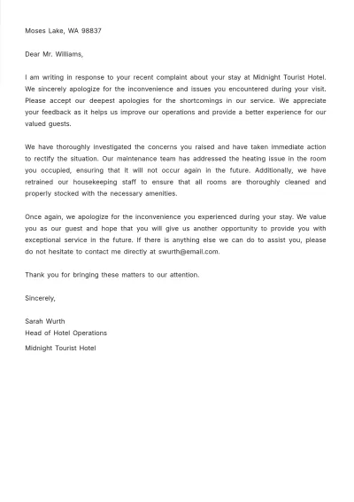 Free Hotel Complaint Letter   Template to Edit Online