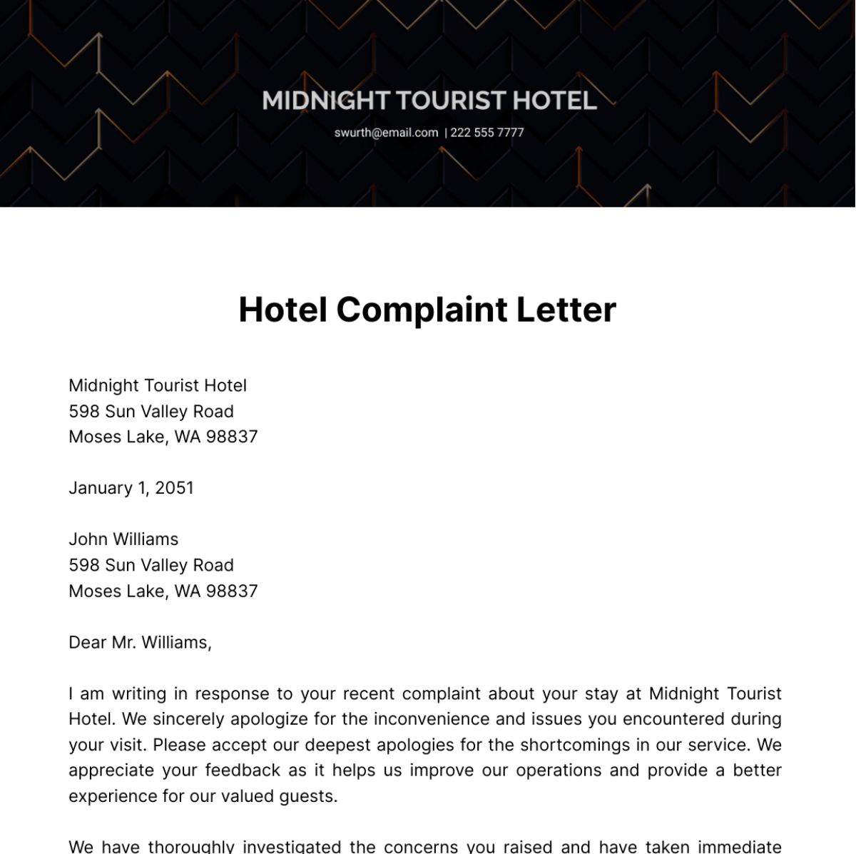 Hotel Complaint Letter   Template