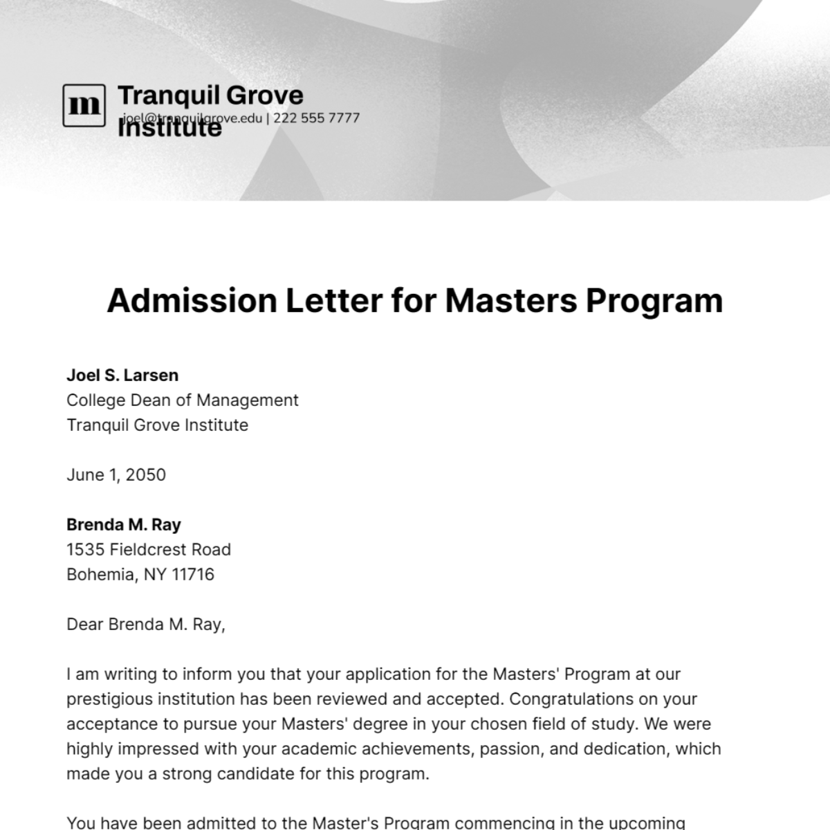 Free Admission Letter for Masters Program Template