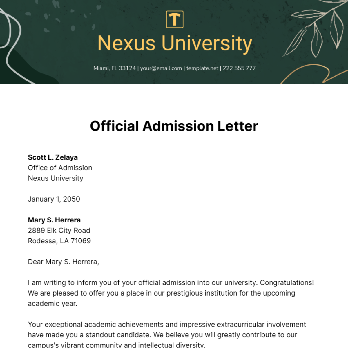 Official Admission Letter   Template