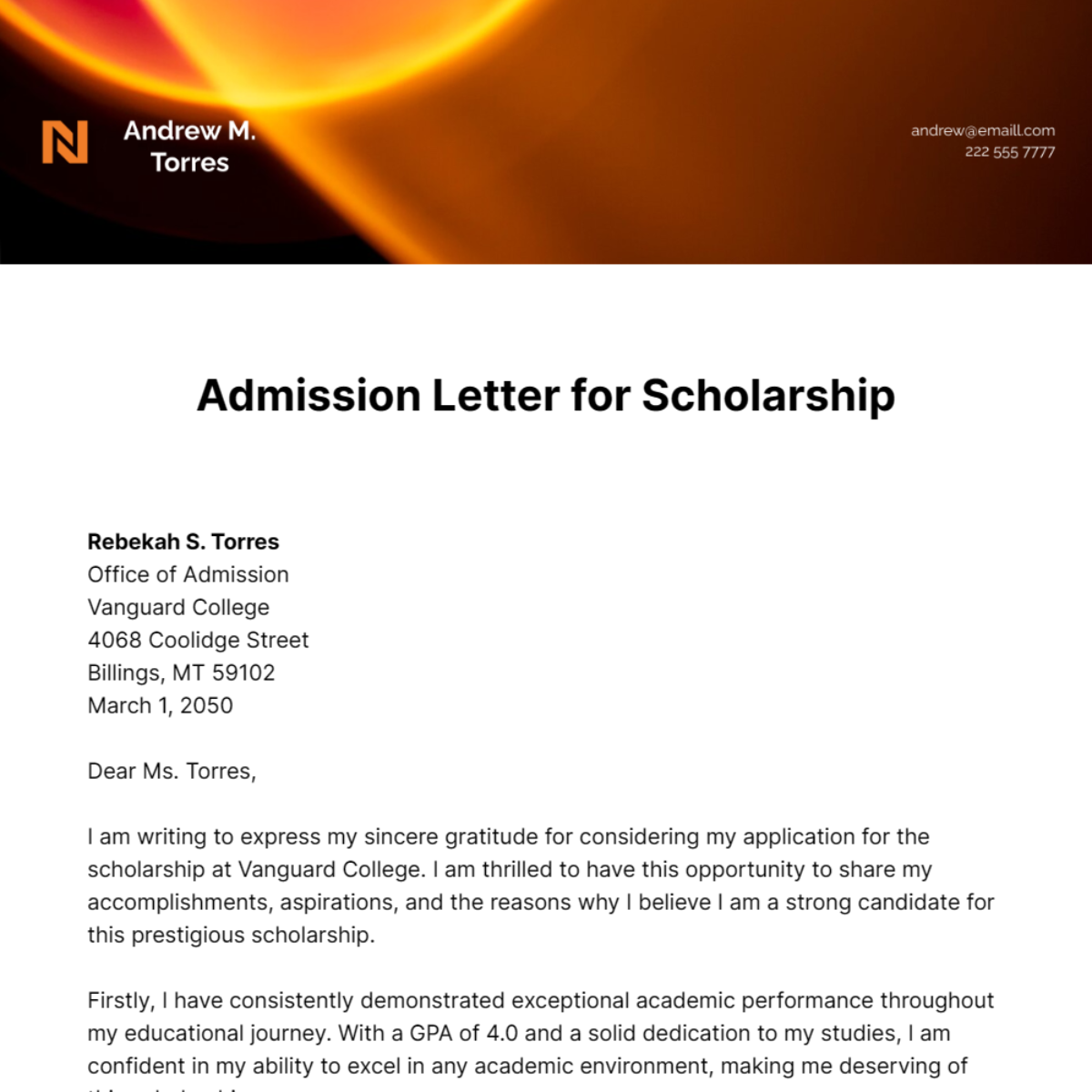 Free Admission Letter for Scholarship Template