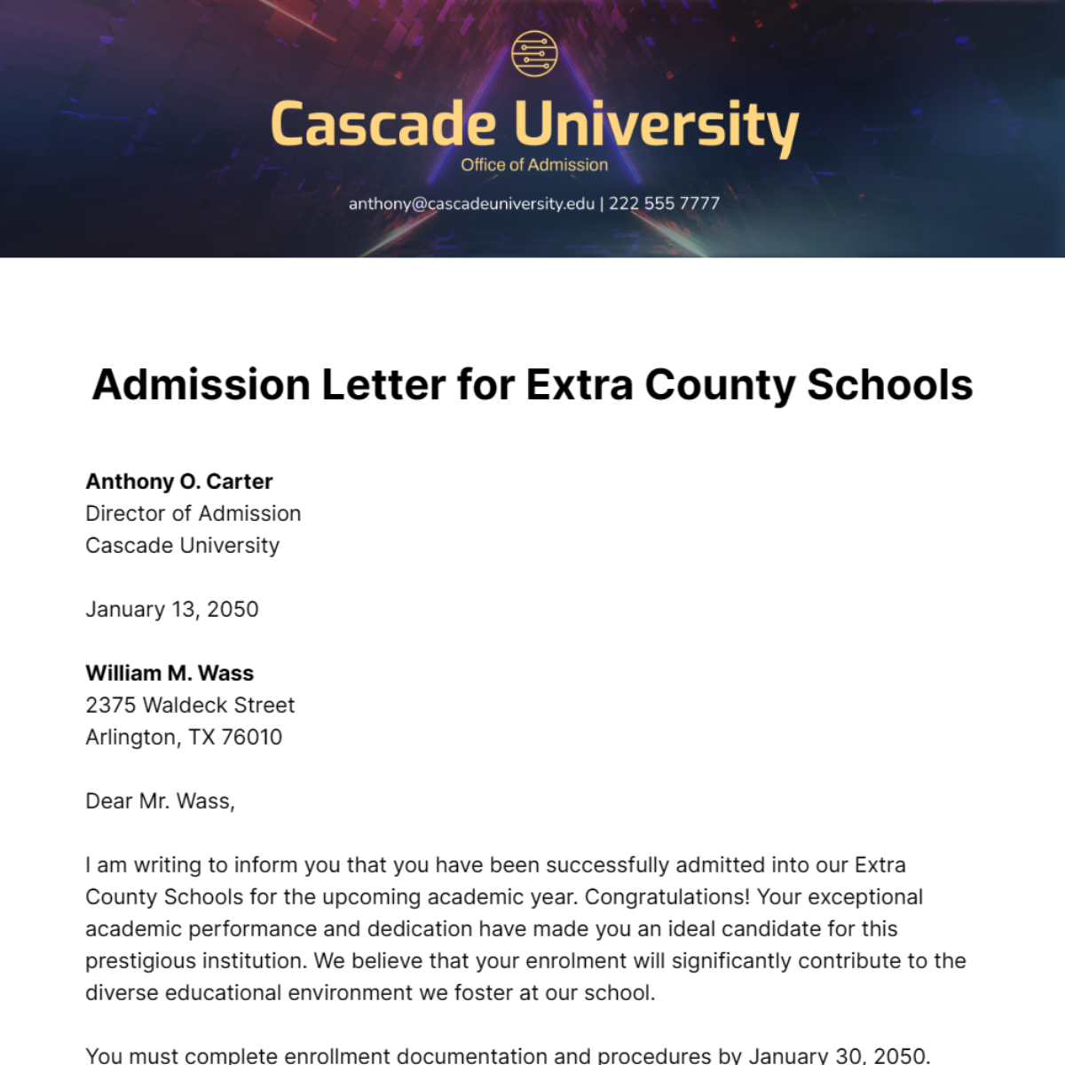 Free Admission Letter for Extra County Schools Template