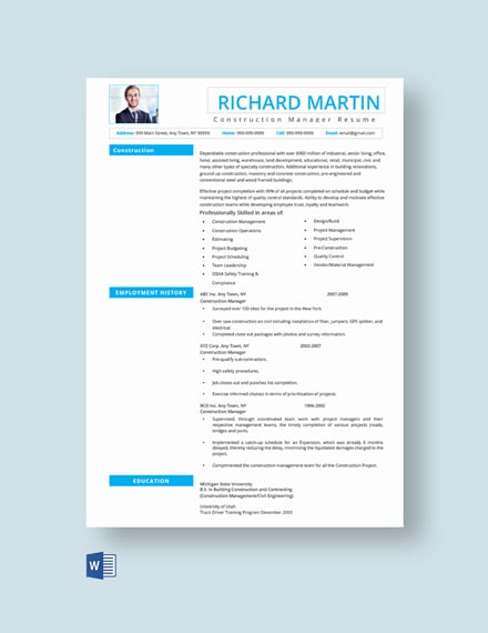 FREE Construction Manager Resume Template Word (DOC) PSD Apple