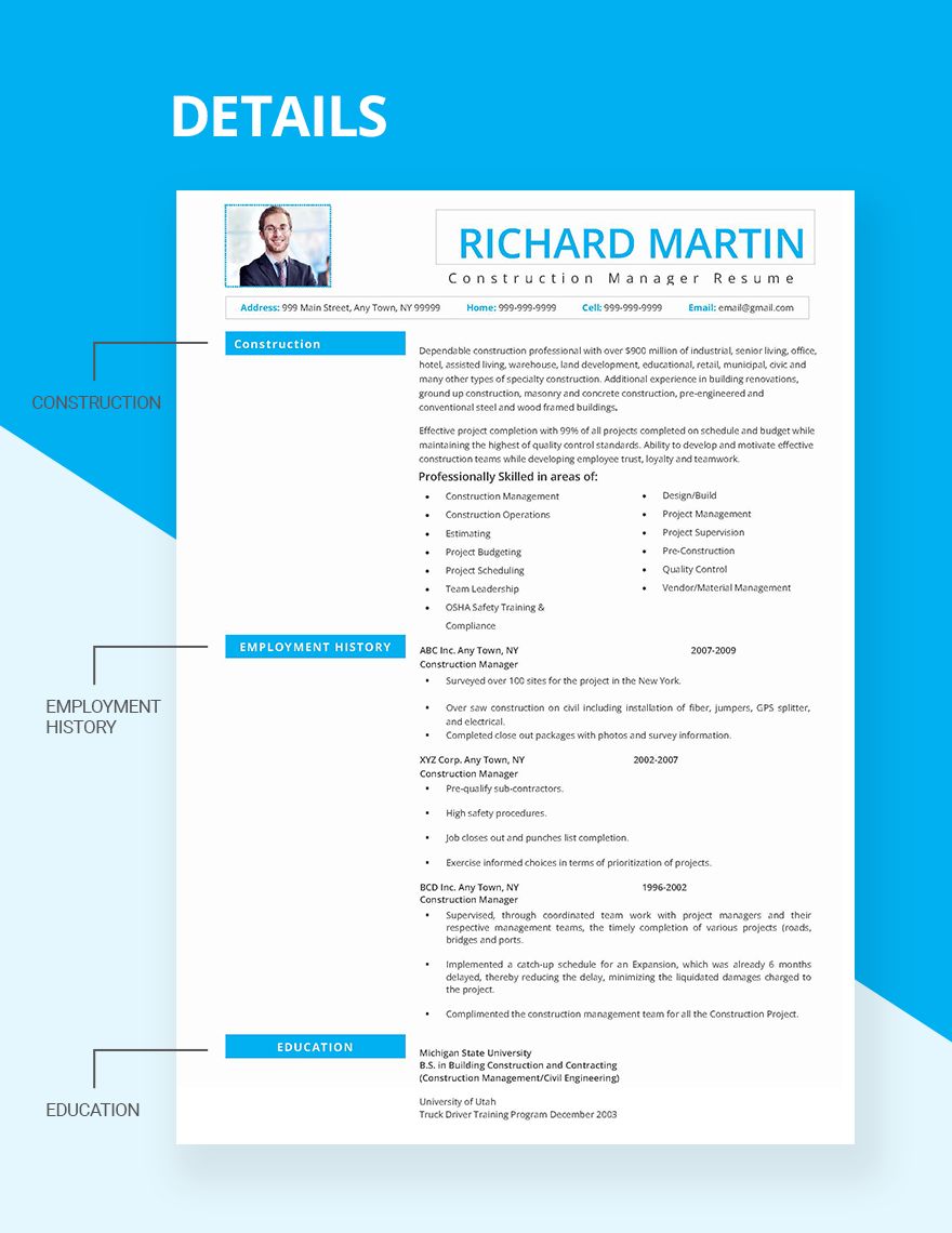 Construction Manager Resume Template