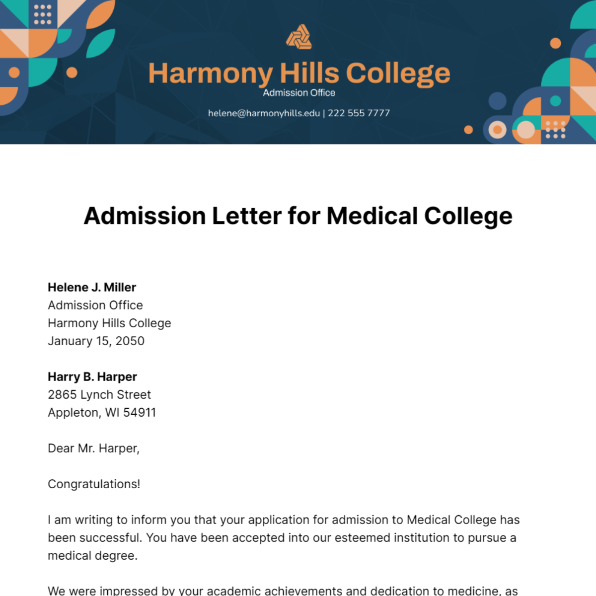 Free Admission Letter for Medical College Template