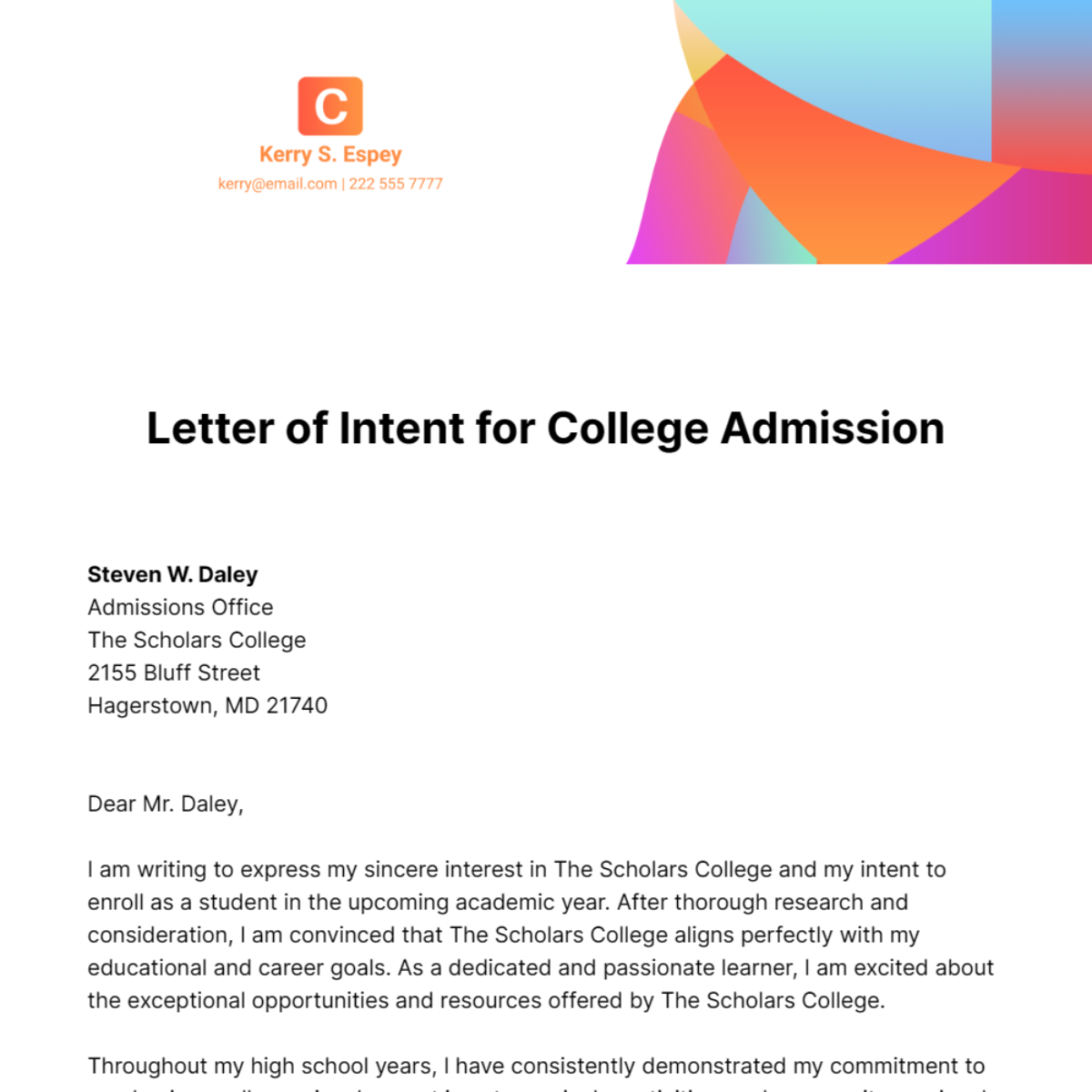Free Letter of Intent for College Admission Template