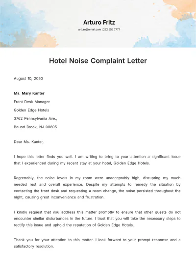 Free Hotel Noise Complaint Letter   Template to Edit Online
