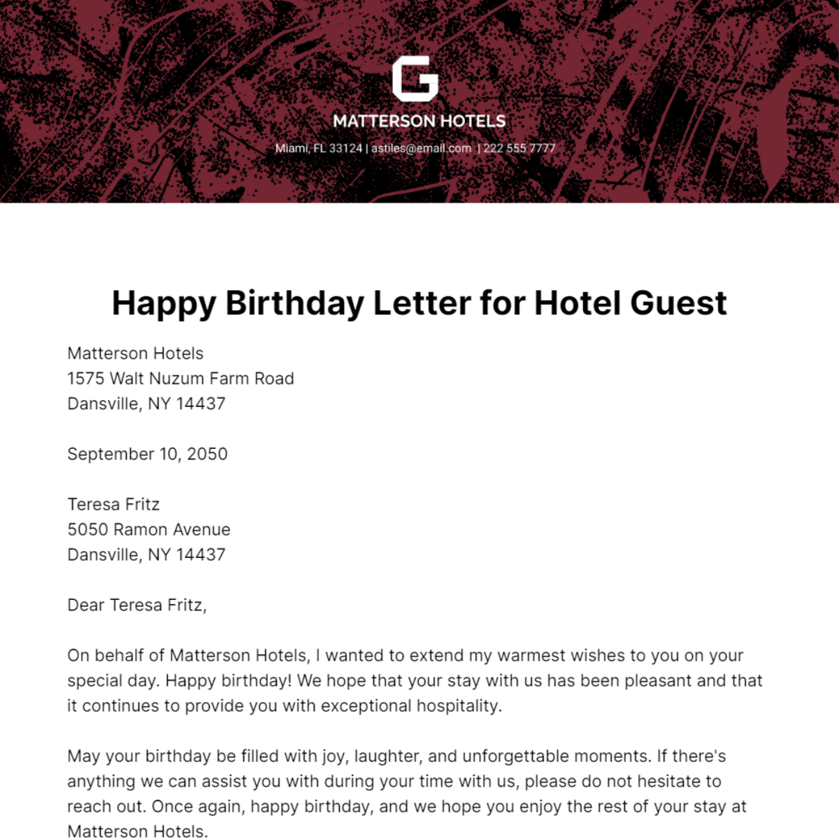 Happy Birthday Letter for Hotel Guest   Template