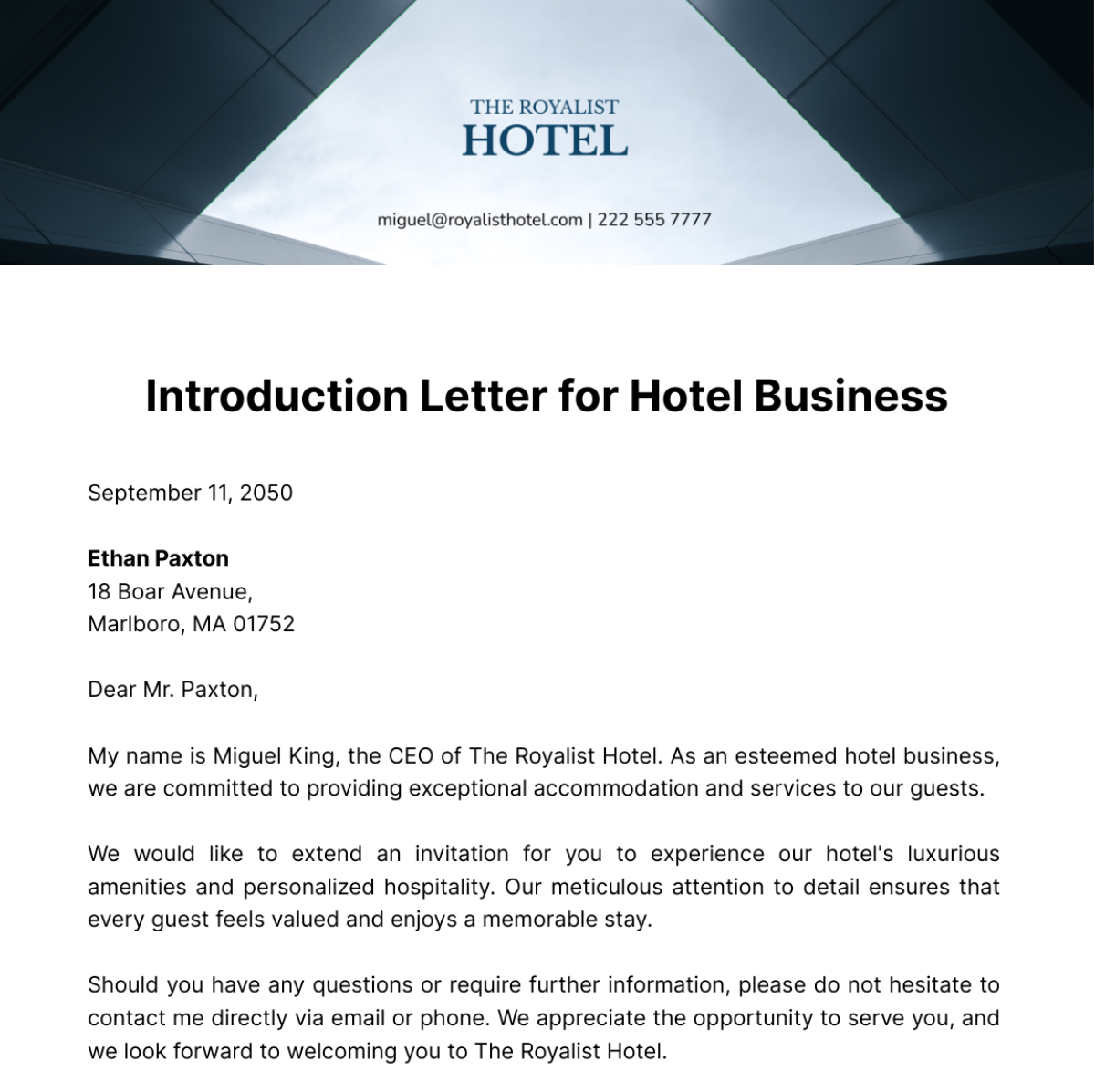 Introduction Letter for Hotel Business   Template