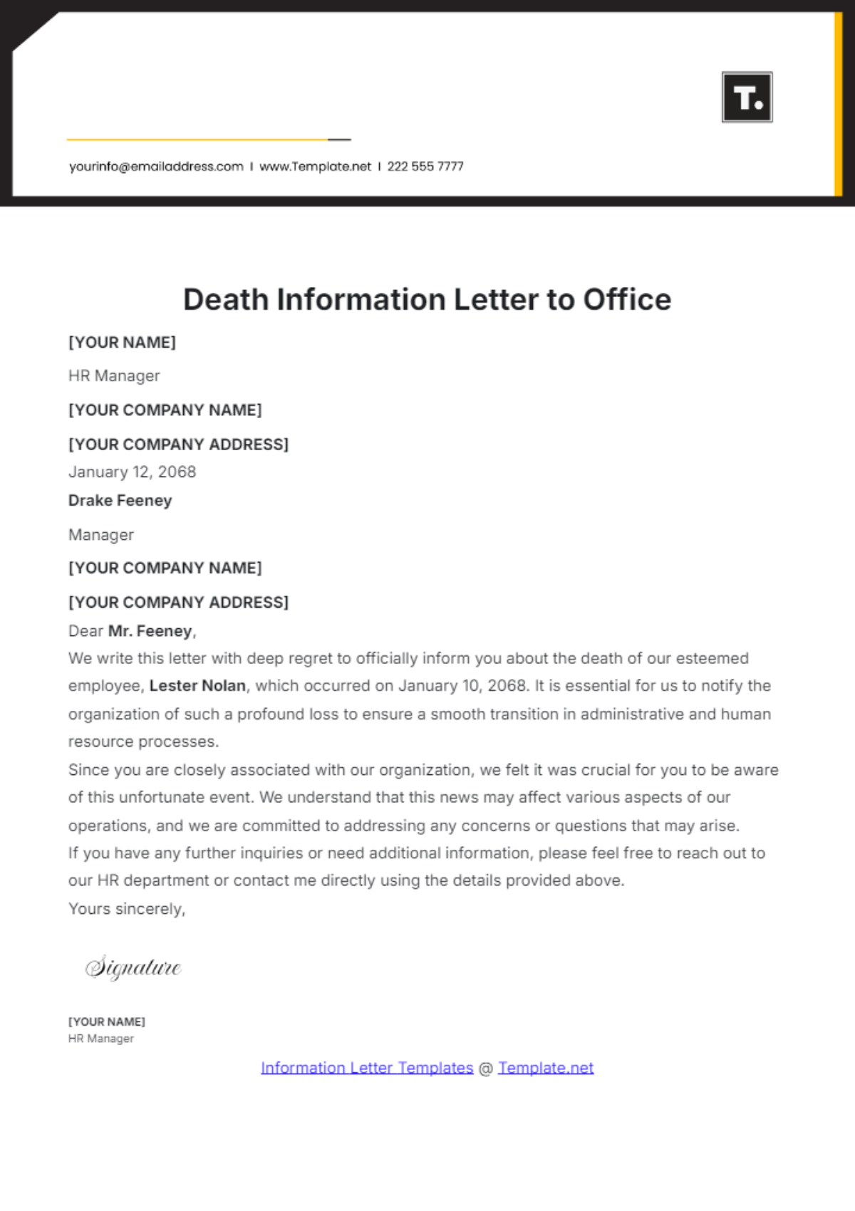 Death Information Letter to Office Template - Edit Online & Download