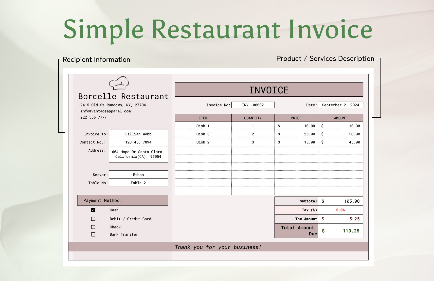 Simple Restaurant Invoice Template