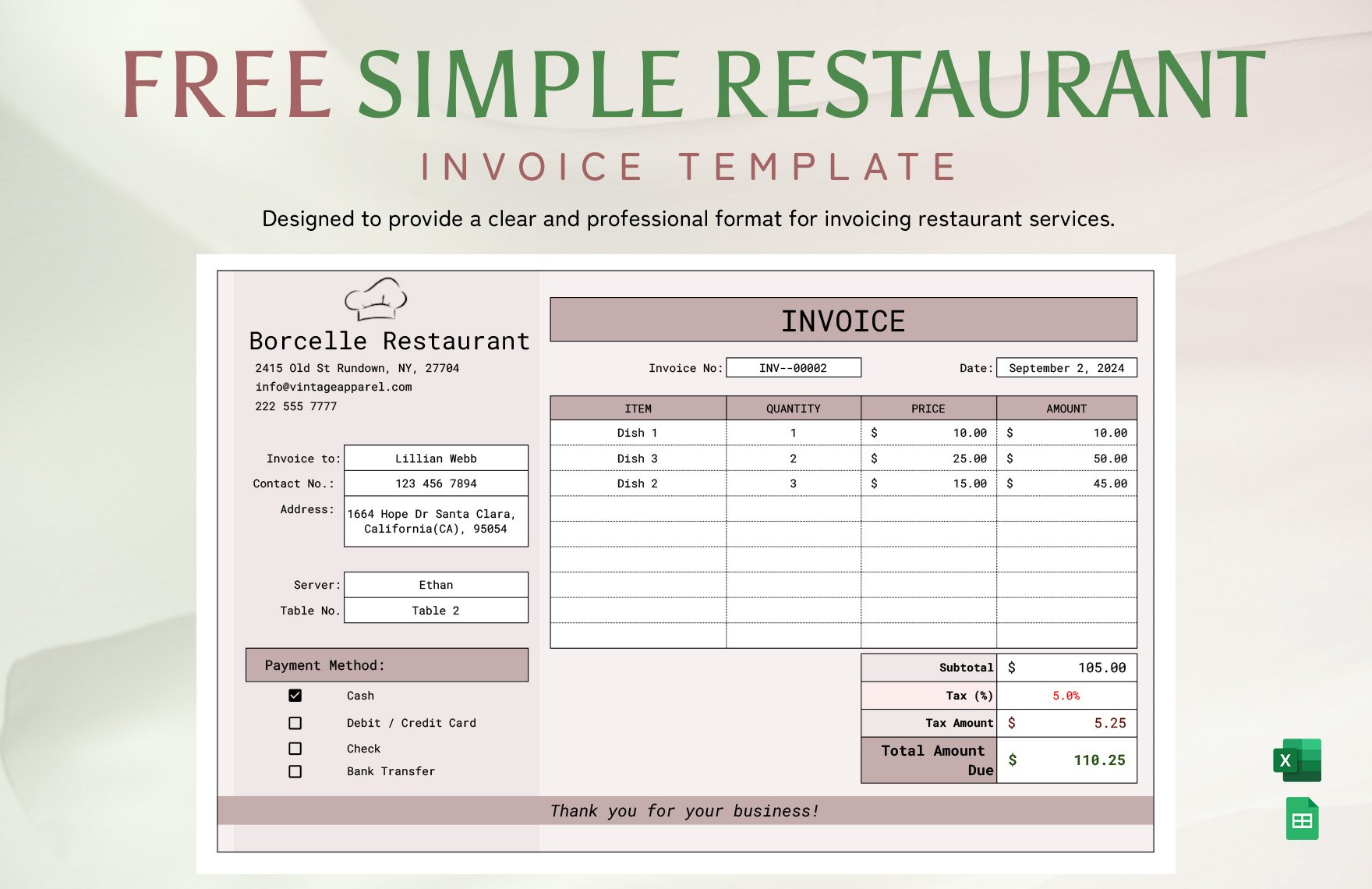 Simple Restaurant Invoice Template