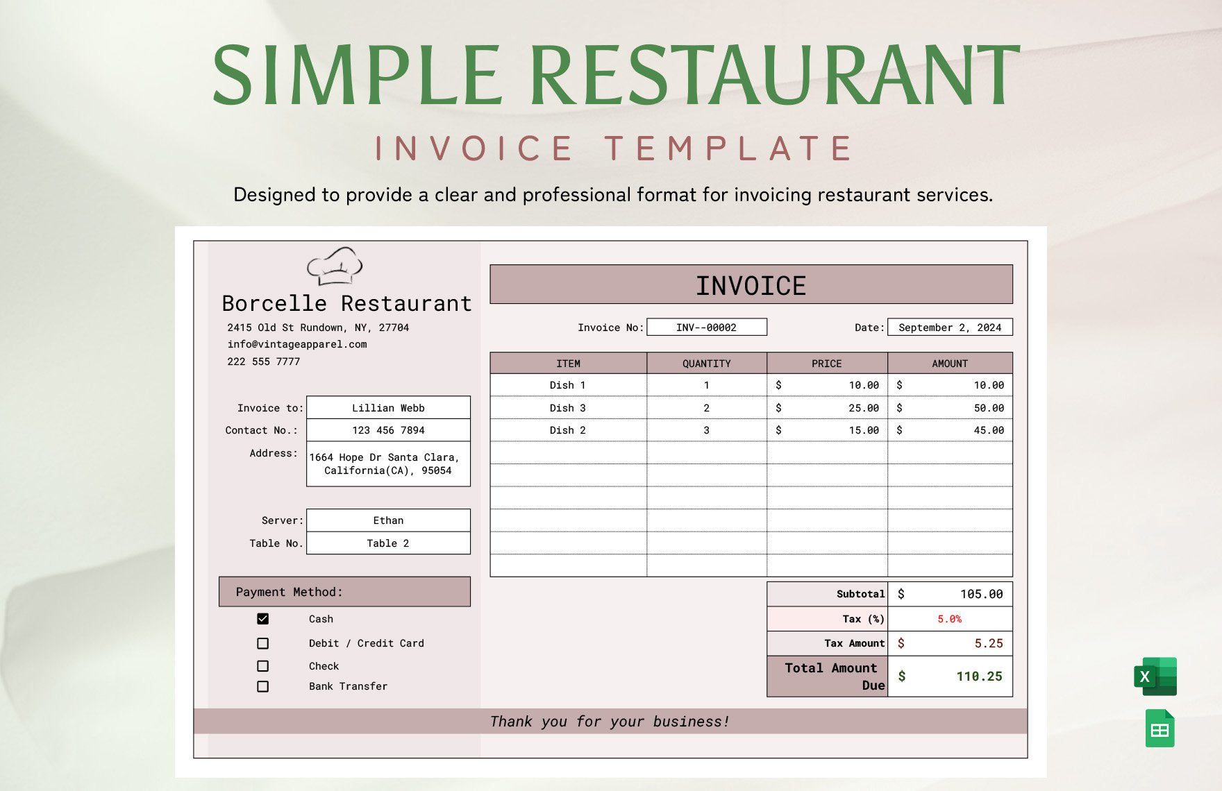 Free Simple Restaurant Invoice Template in Excel, Google Sheets
