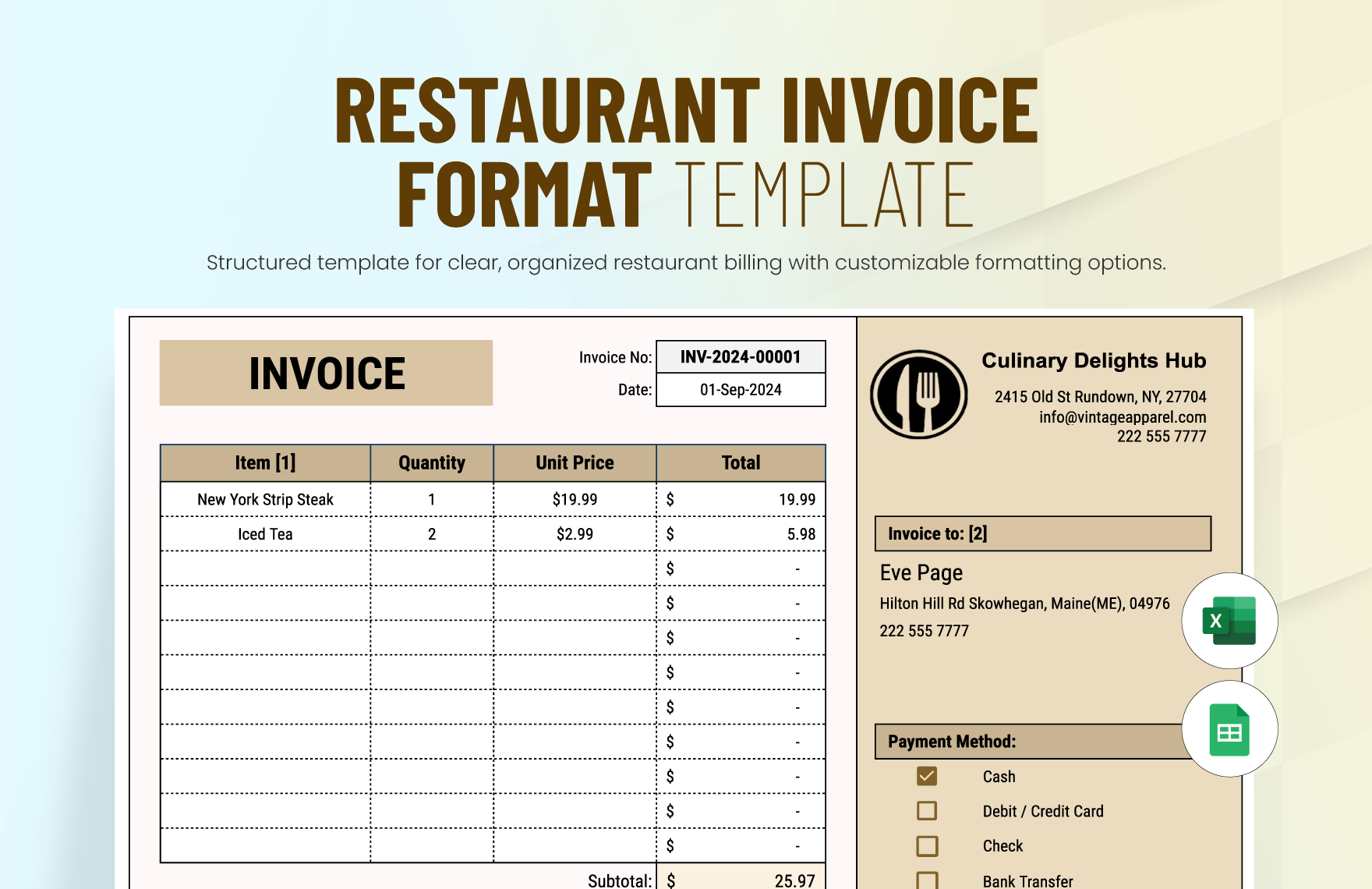 Restaurant Invoice Format Template