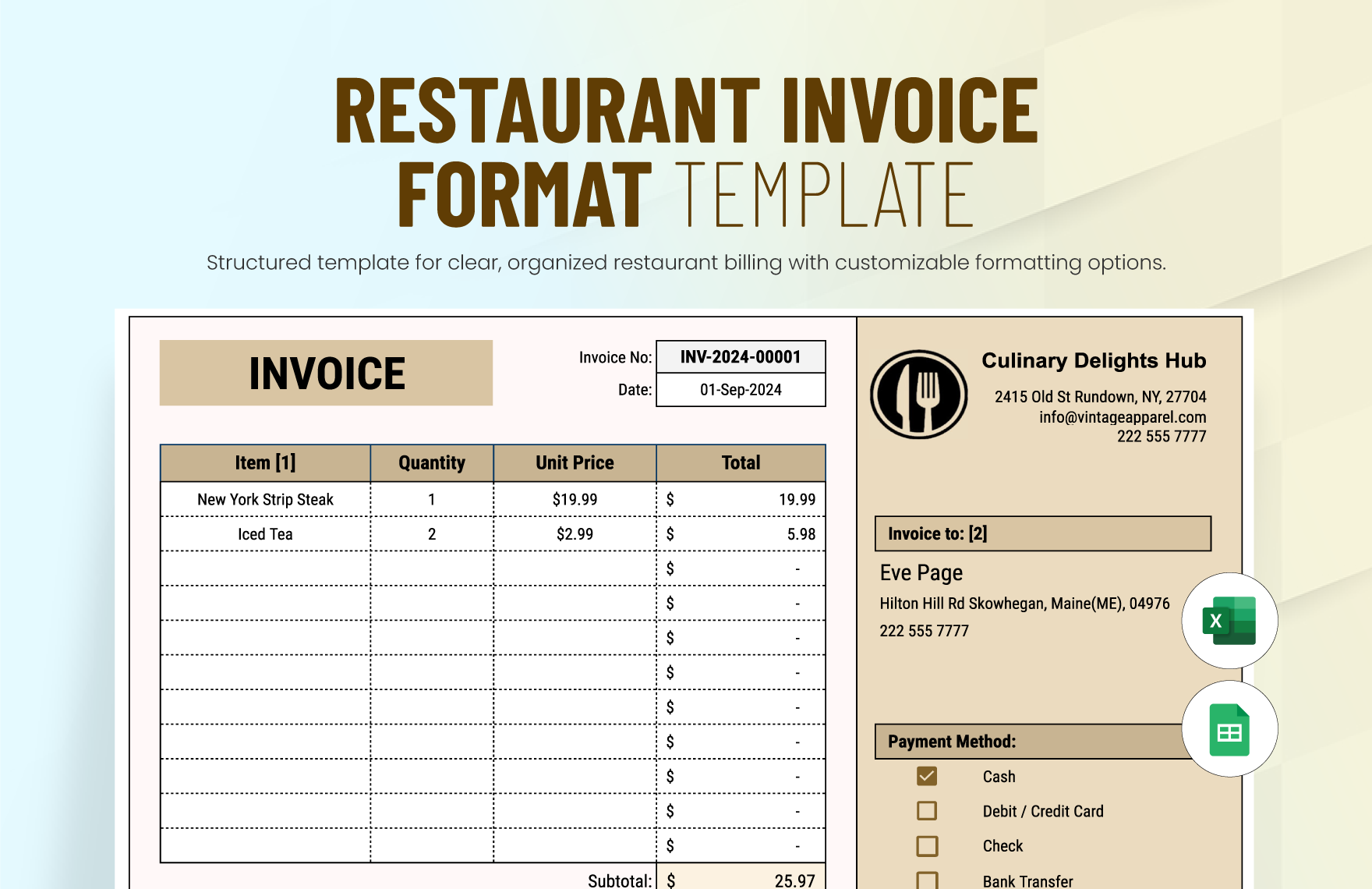 Restaurant Invoice Format Template in Excel, Google Sheets - Download | Template.net