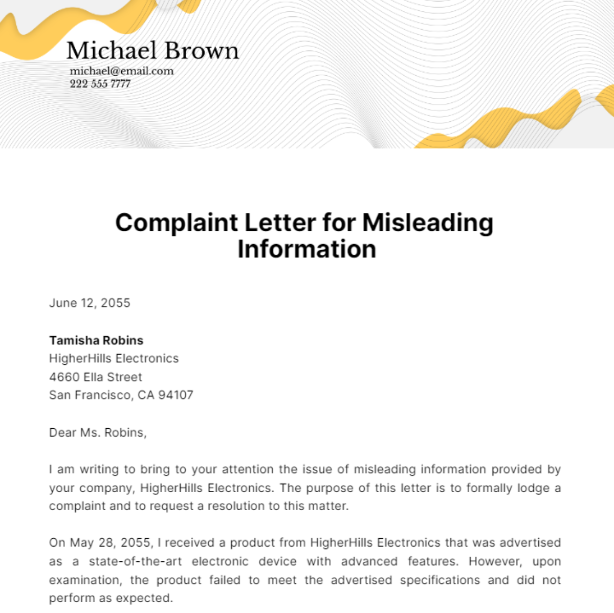 Complaint Letter for Misleading Information Template