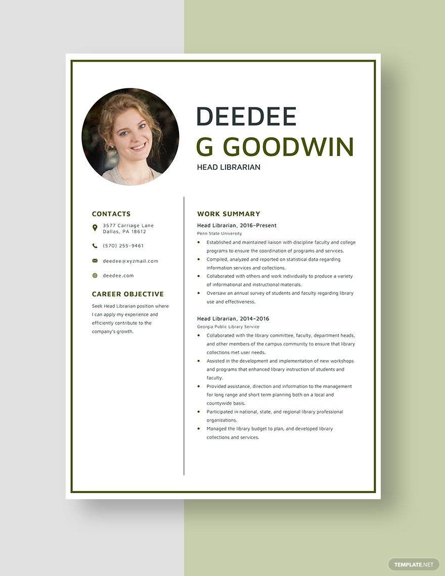 Free Head Librarian Resume in Word, Apple Pages