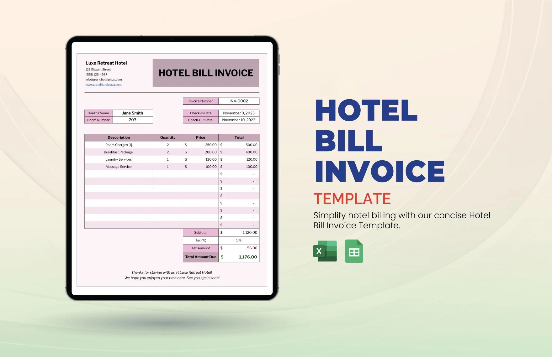 Free Hotel Bill Invoice Template in Excel, Google Sheets