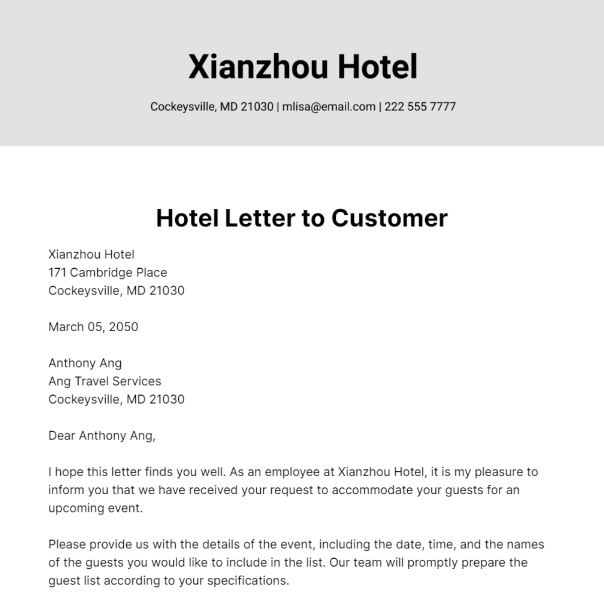 Hotel Letter to Customer   Template
