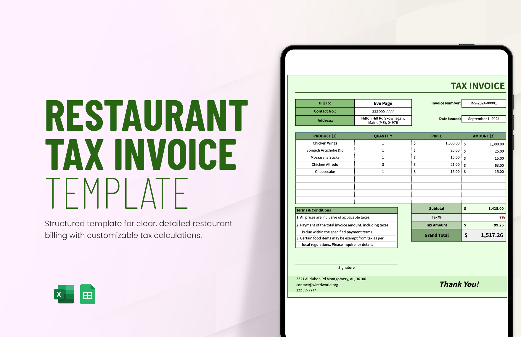 Restaurant Tax Invoice Template in Excel, Google Sheets - Download | Template.net