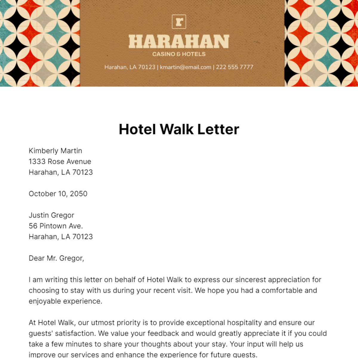 Hotel Walk Letter   Template