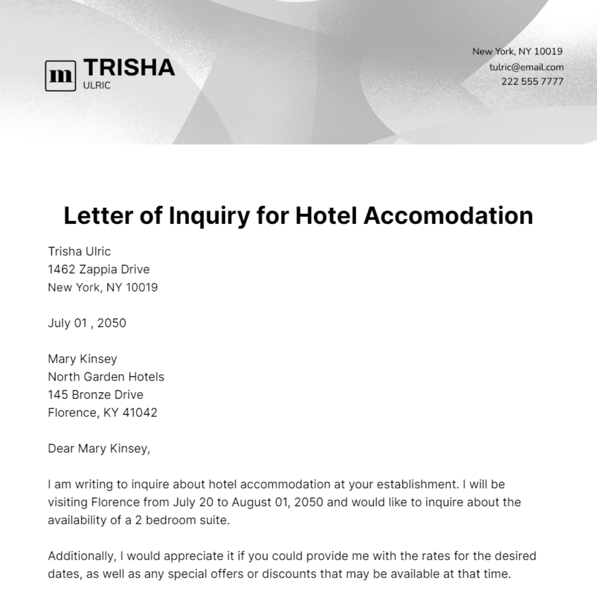 Letter of Inquiry for Hotel Accommodation   Template