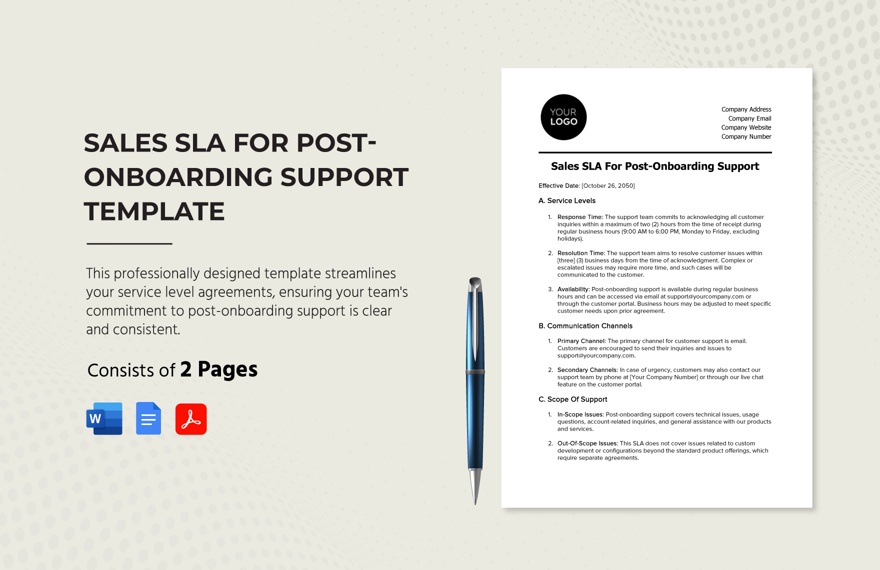 Sales SLA for Post-Onboarding Support Template in Word, Google Docs, PDF