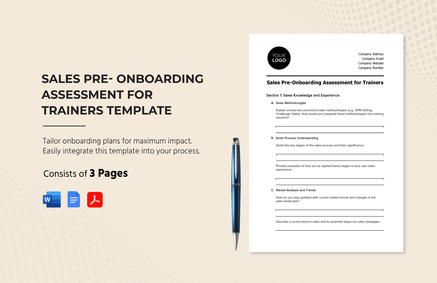 Sales Pre-Onboarding Assessment for Trainers Template in Word, Google Docs, PDF