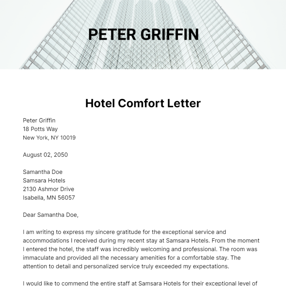 Hotel Comfort Letter   Template