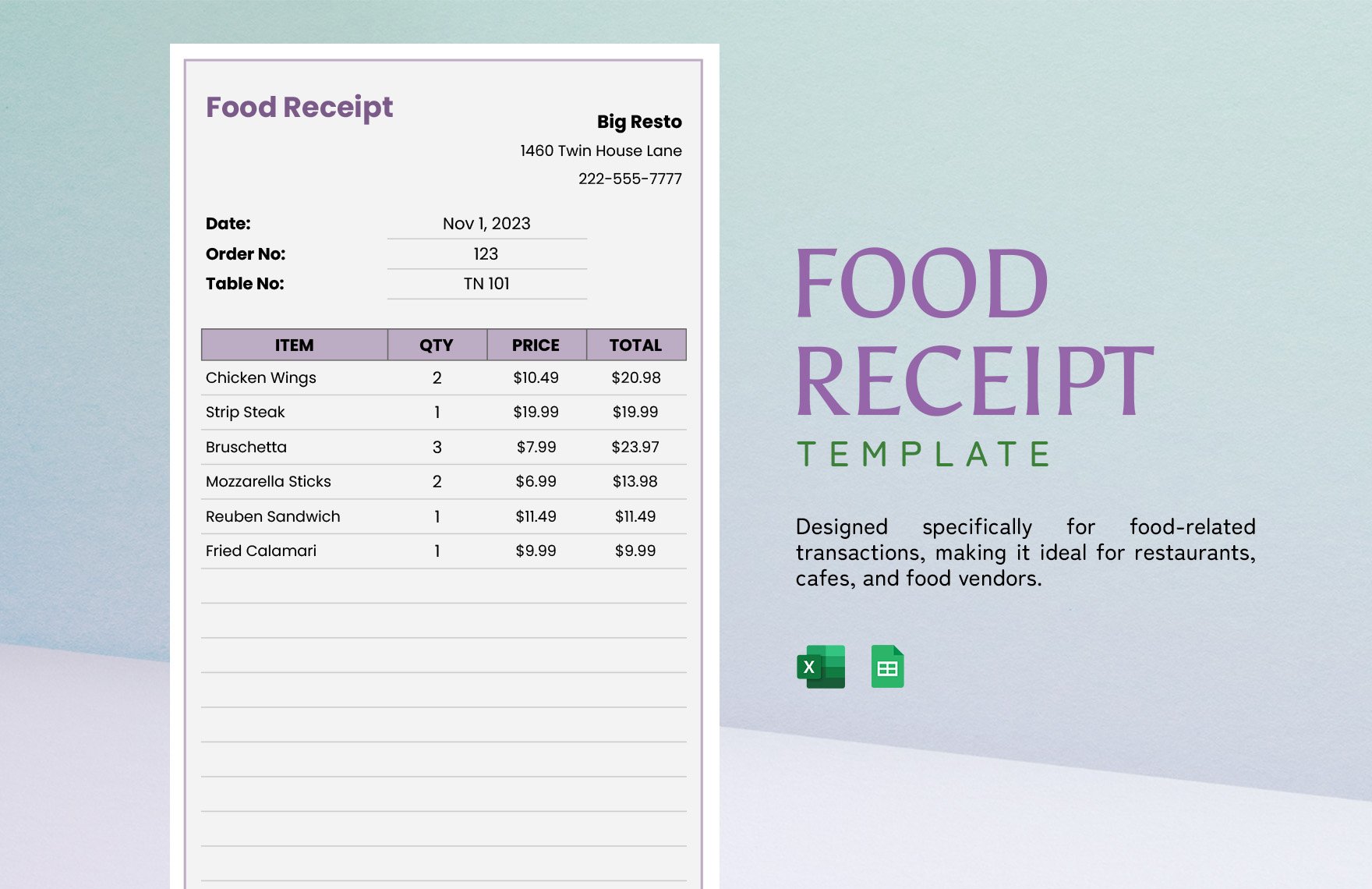 Food Receipt Template in Excel, Google Sheets