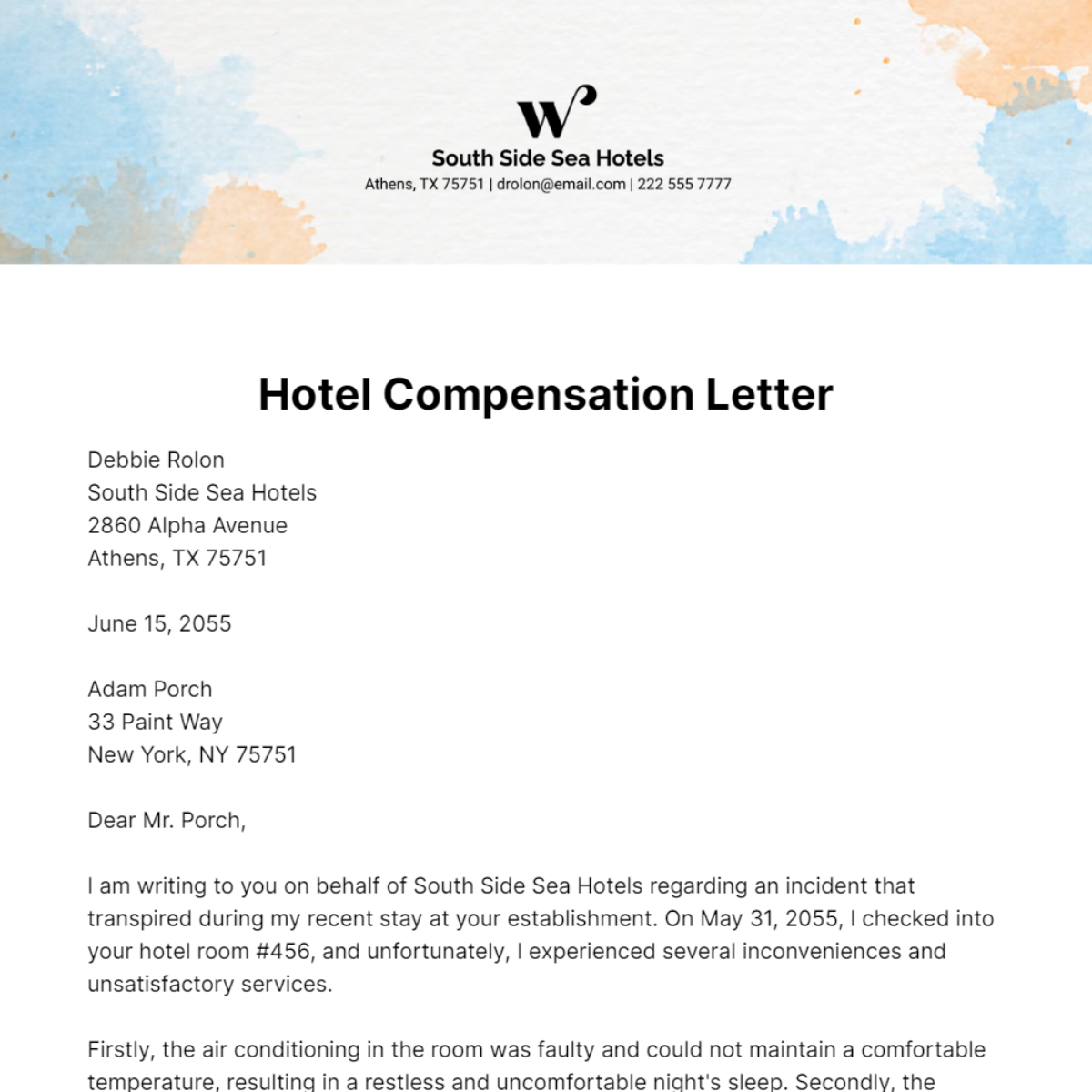 Hotel Compensation Letter   Template