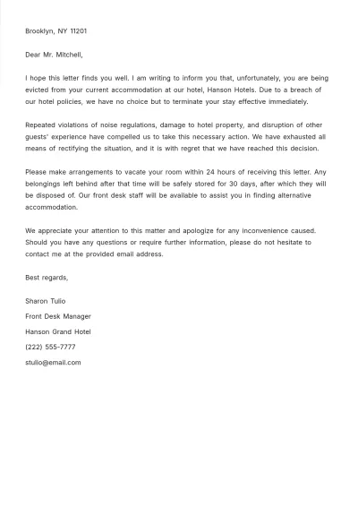 Free Hotel Eviction Letter   Template to Edit Online