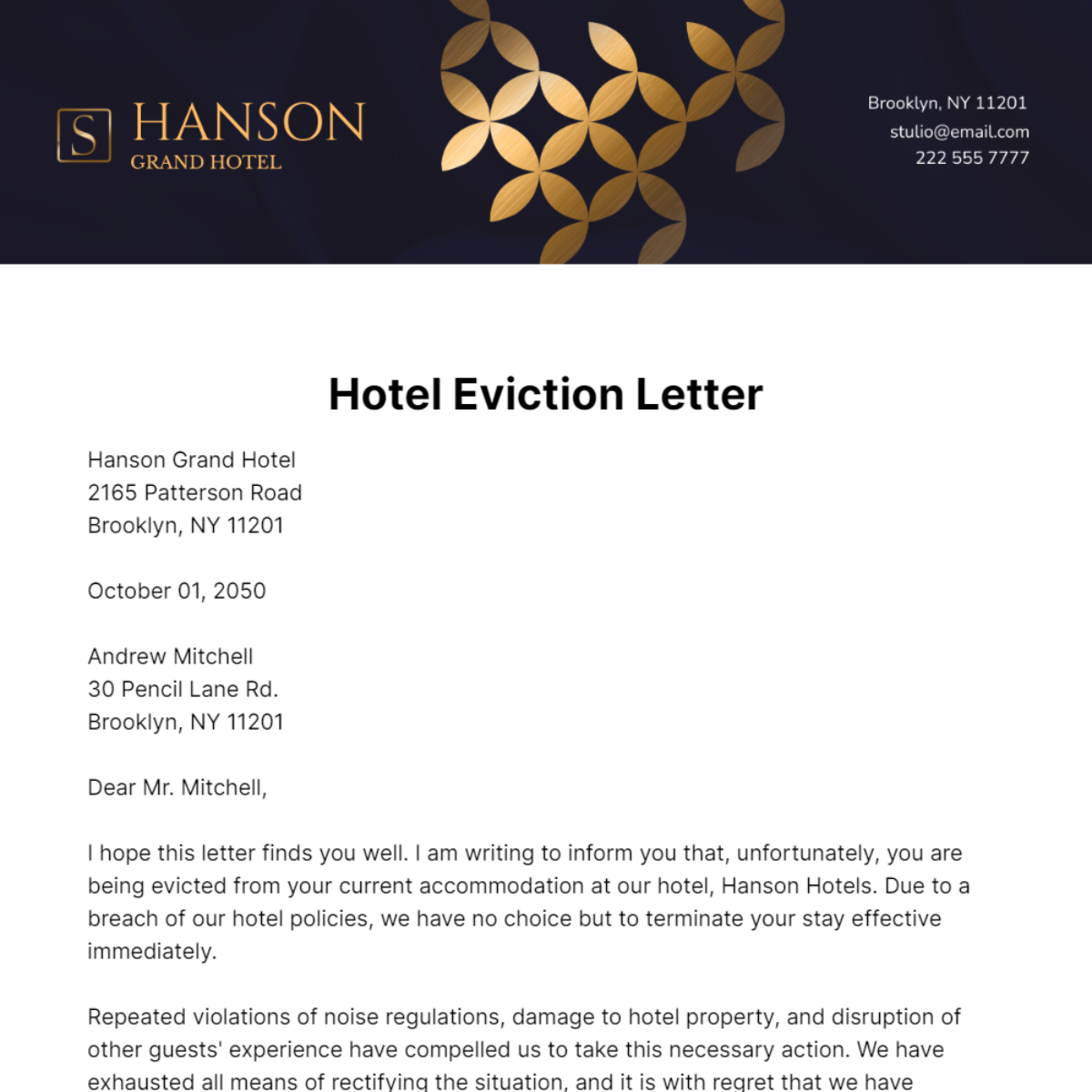 Hotel Eviction Letter   Template